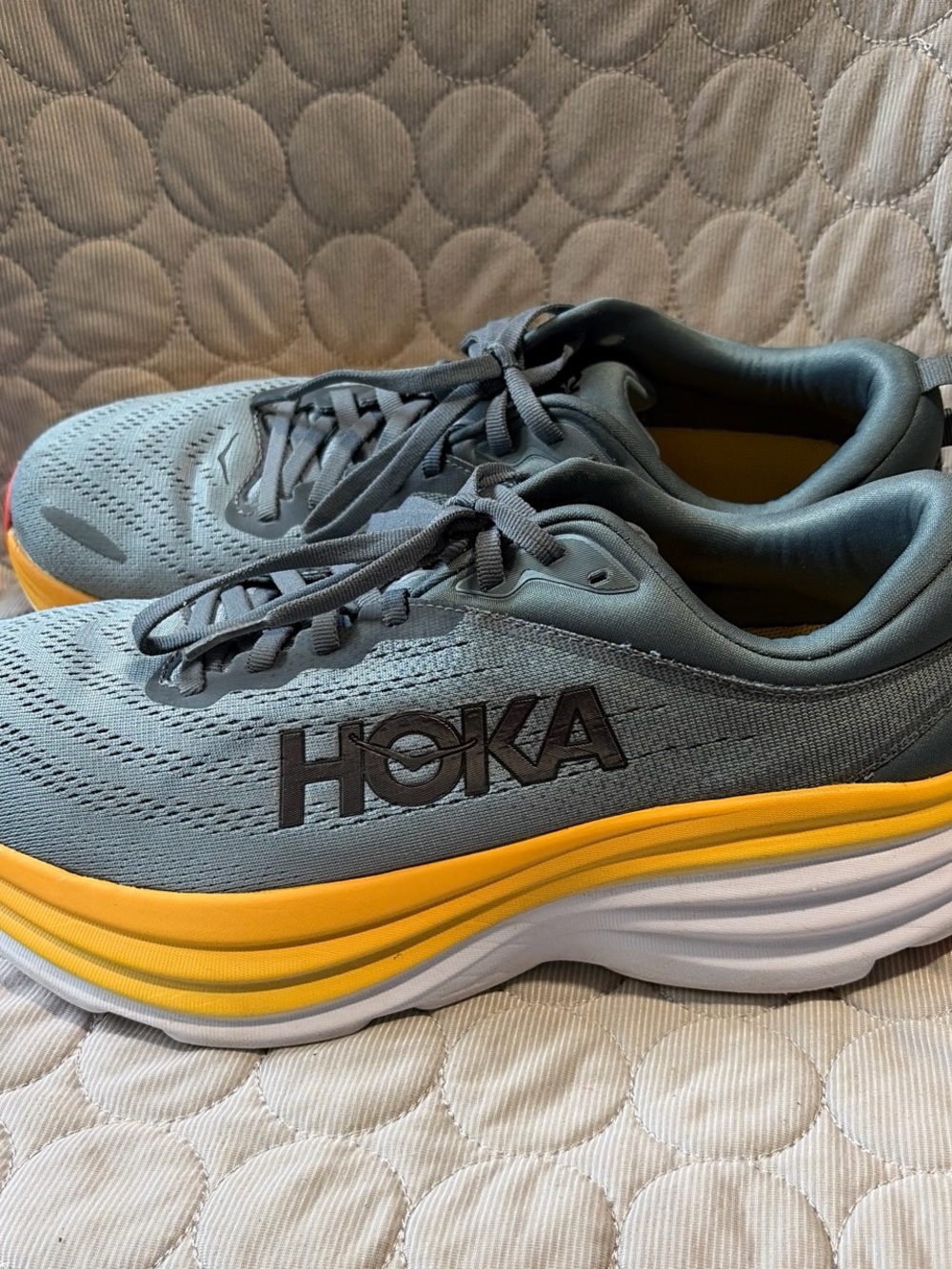 Hoka Men’s Gray and Yellow Athletic Running Shoes with Red Toe Accent